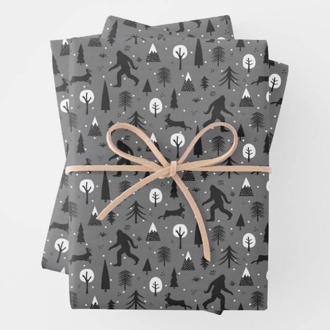 Bigfoot and Jackalope in the Woods Pattern Gray Wrapping Paper Sheets (In situ)