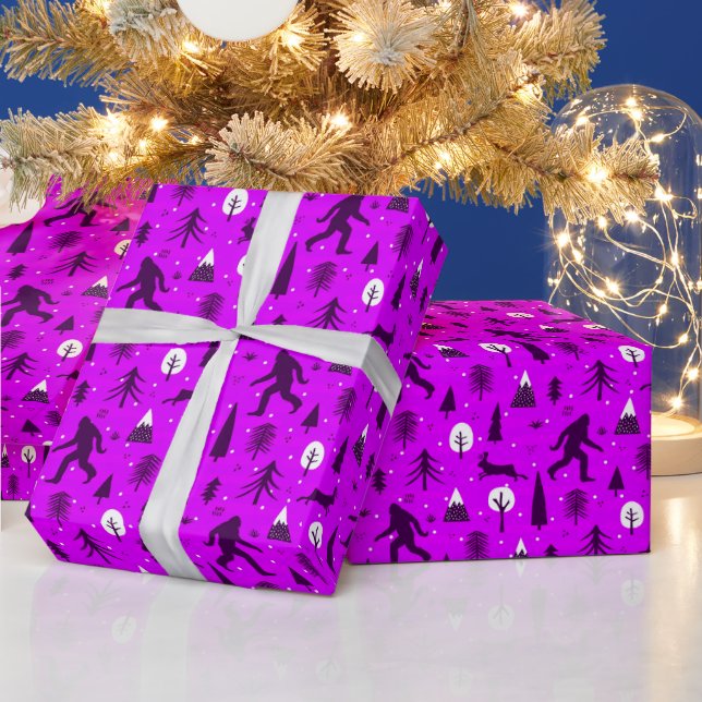 Bigfoot and Jackalope in the Woods Pattern Purple Wrapping Paper (Holidays)