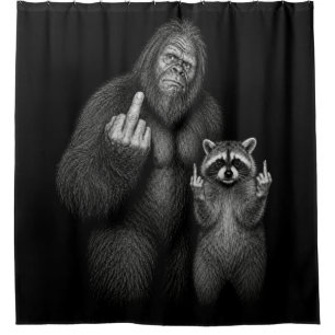 Bigfoot and Raccoon Middle Finger Shower Curtain