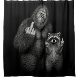 Bigfoot and Raccoon Middle Finger Shower Curtain