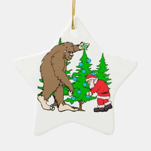 Bigfoot and Santa Christmas Ceramic Ornament