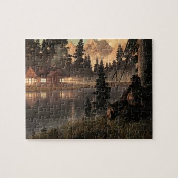 Bigfoot And The Lake Cabin Jigsaw Puzzle by ArtOfDanielEskridge at Zazzle