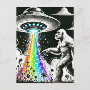 Bigfoot and the Rainbow UFO in a wildflower meadow Postcard