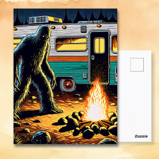 Bigfoot at Campfire and Retro Rv Postcard