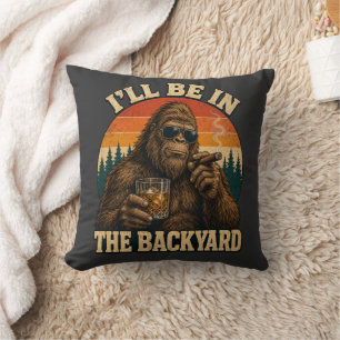 Bigfoot Backyard Whiskey & Cigar Retro Sunset Throw Pillow