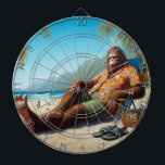 Bigfoot Beach Dart Board<br><div class="desc">Escape to a world of whimsy with our exclusive artwork. This playful piece features Bigfoot, the legendary creature, taking a break from his elusive lifestyle to enjoy a day at the beach. Dressed in a Hawaiian shirt and green shorts, Bigfoot is seen lounging in a blue beach chair. The backdrop...</div>