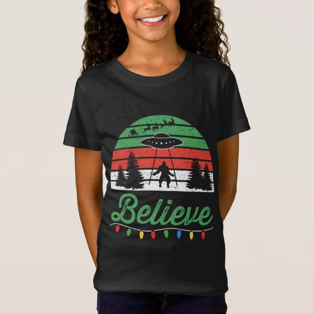 Bigfoot Believe UFO Aliens Santa Claus Reindeer Ch T-Shirt (Front)