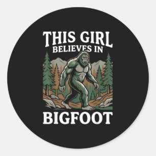 Bigfoot believer girl sasquatch forest cryptid for classic round sticker
