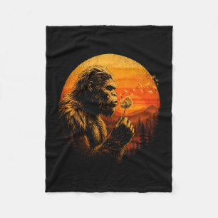 Bigfoot blowing dandelion retro sunset forest fleece blanket