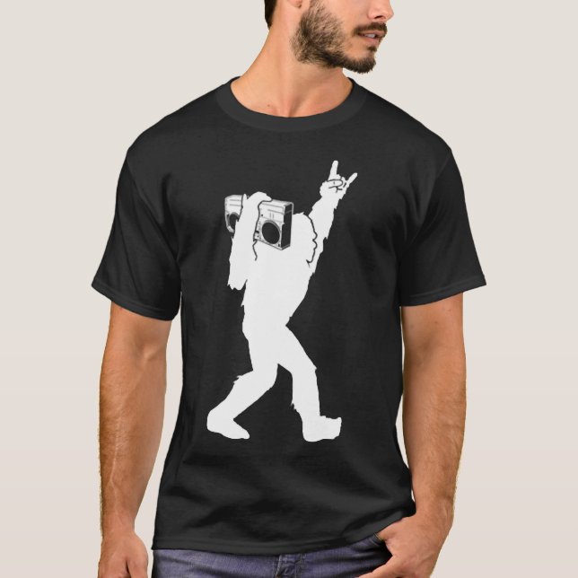 Bigfoot Boombox Rock and Roll I Believe Sasquatch T-Shirt (Front)