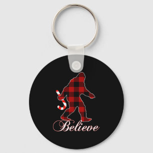 Bigfoot Buffalo Plaid Believe Candy Cane Christmas Keychain
