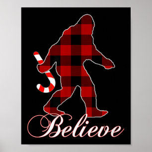 Bigfoot Buffalo Plaid Believe Candy Cane Christmas Poster