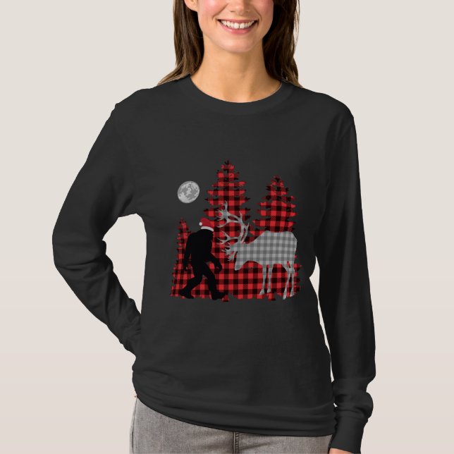 Bigfoot Buffalo Plaid Christmas Trees and Reindeer T-Shirt (Front)