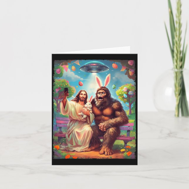 Bigfoot bunny funny easter jesus sasquatch selfie  card (Front)