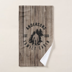 Bigfoot Cabin Rustic Wood Family Custom Name  Bath Towel Set