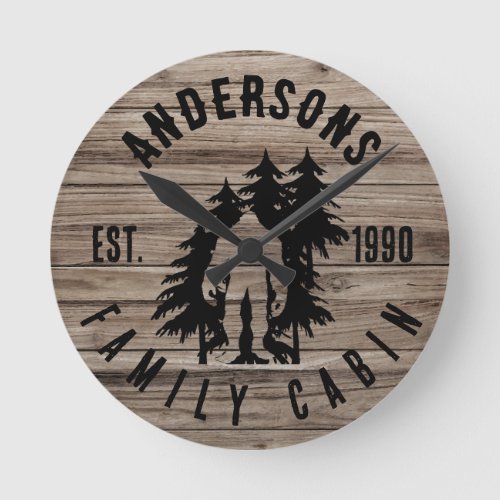 Bigfoot Cabin Rustic Wood Family Custom Name  Round Clock