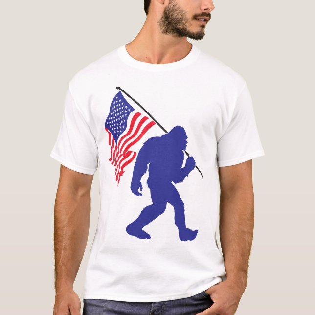 Bigfoot Carrying an American Flag T-Shirt (Front)