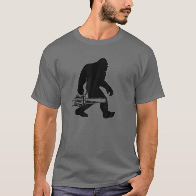 Bigfoot Carrying Chainsaw Lumberjack Sasquatch Log T-Shirt (Front)