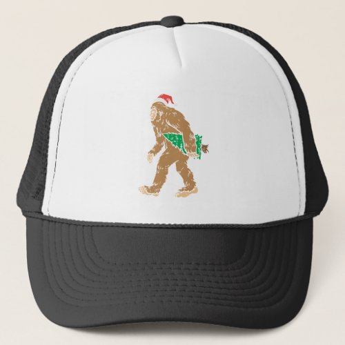 Bigfoot Carrying Christmas Tree Funny Sasquatch Xm Trucker Hat