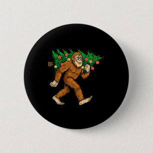 Bigfoot Carrying Christmas Tree Sasquatch Believer Button