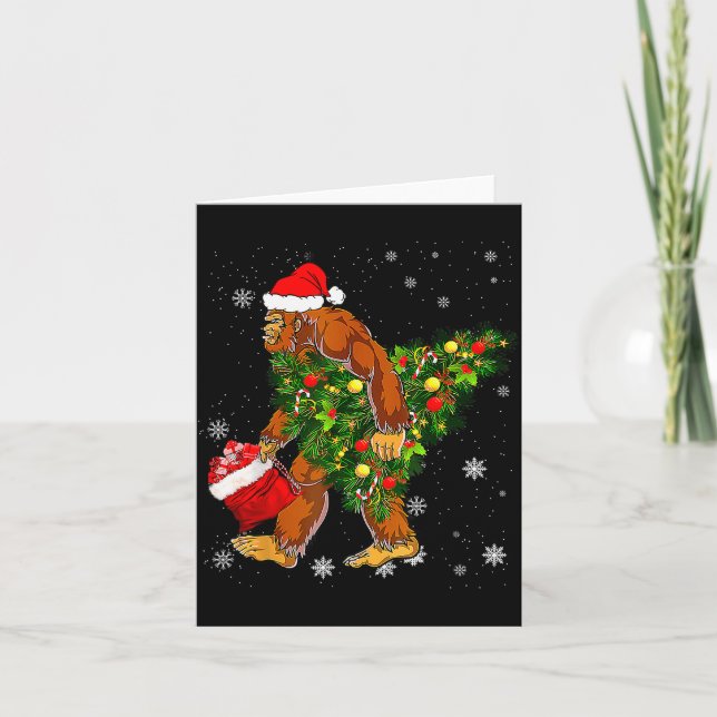 Bigfoot Carrying Christmas Tree Sasquatch Believer Card (Front)