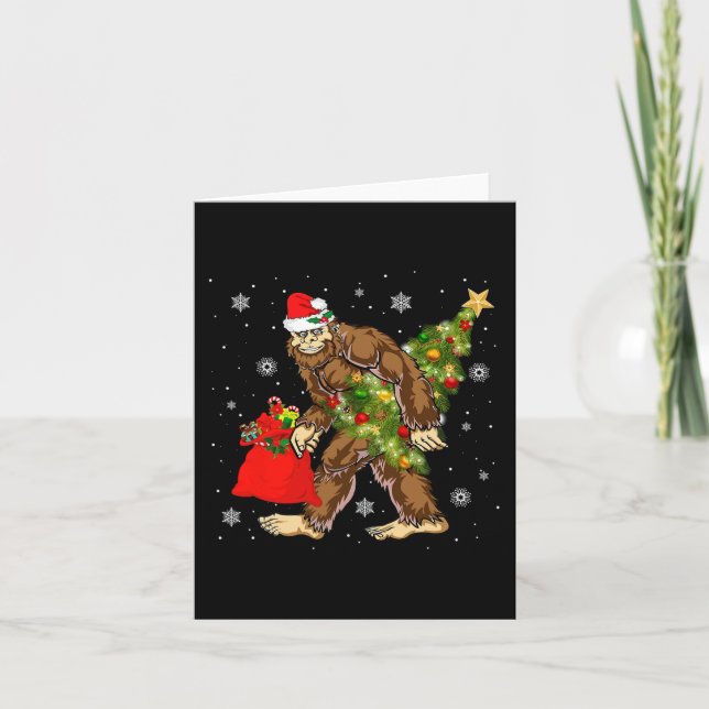Bigfoot Carrying Christmas Tree Sasquatch Believer Card (Front)