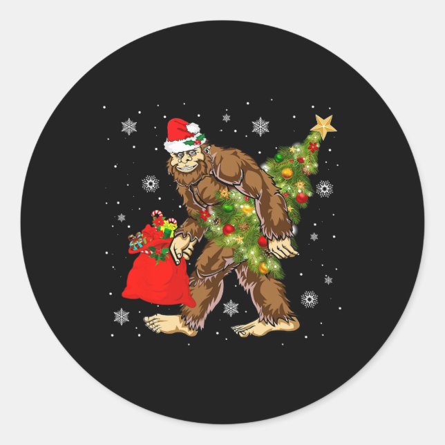 Bigfoot Carrying Christmas Tree Sasquatch Believer Classic Round Sticker (Front)