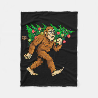 Bigfoot Carrying Christmas Tree Sasquatch Believer Fleece Blanket