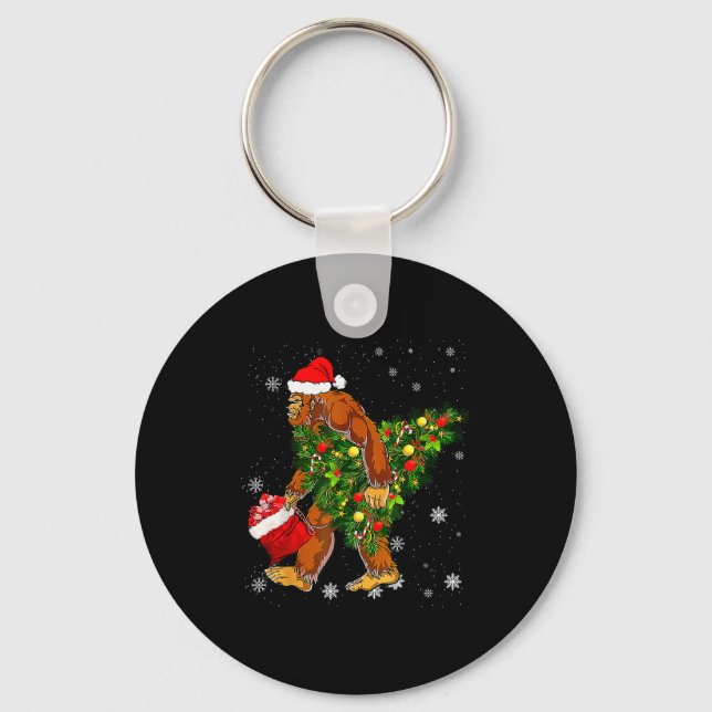 Bigfoot Carrying Christmas Tree Sasquatch Believer Keychain (Front)