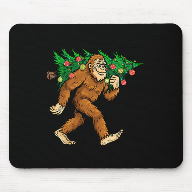 Bigfoot Carrying Christmas Tree Sasquatch Believer Mouse Pad (Front)