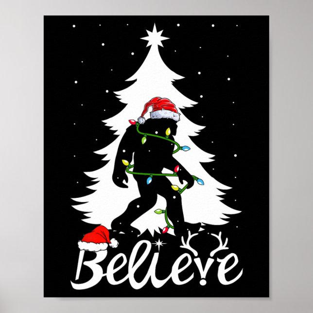 Bigfoot Carrying Christmas Tree Sasquatch Believer Poster (Front)