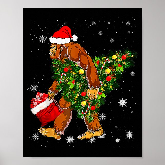 Bigfoot Carrying Christmas Tree Sasquatch Believer Poster (Front)