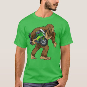 Bigfoot Carrying Motorcycle Funny Sasquatch Biker  T-Shirt