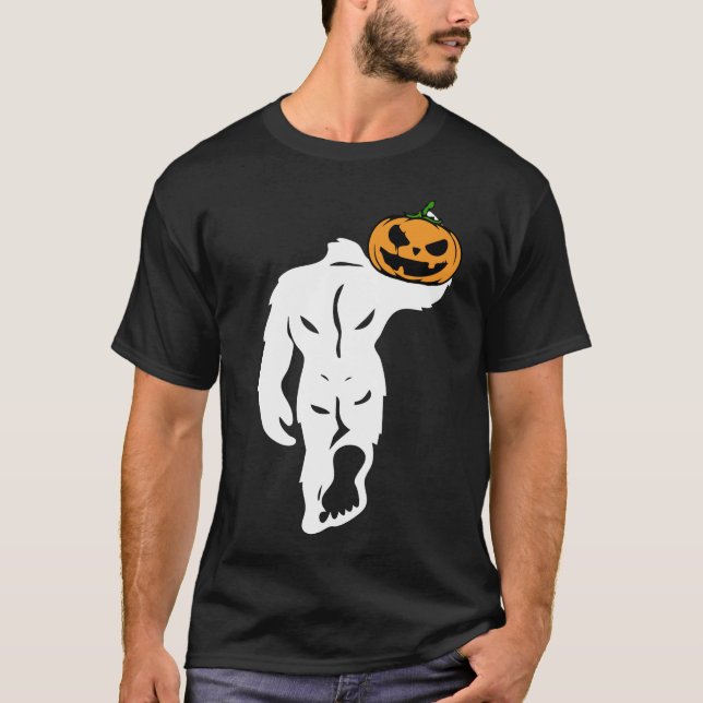 Bigfoot Carrying Pumpkin Funny Halloween Costume T-Shirt (Front)