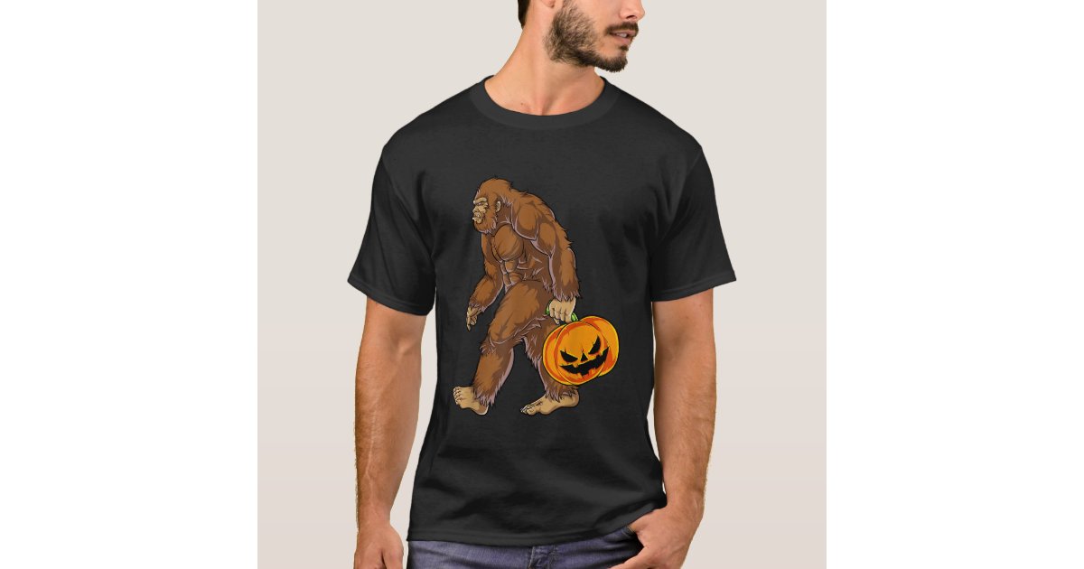Bigfoot Carrying Scary Pumpkin Funny Men Sasquatch T-Shirt