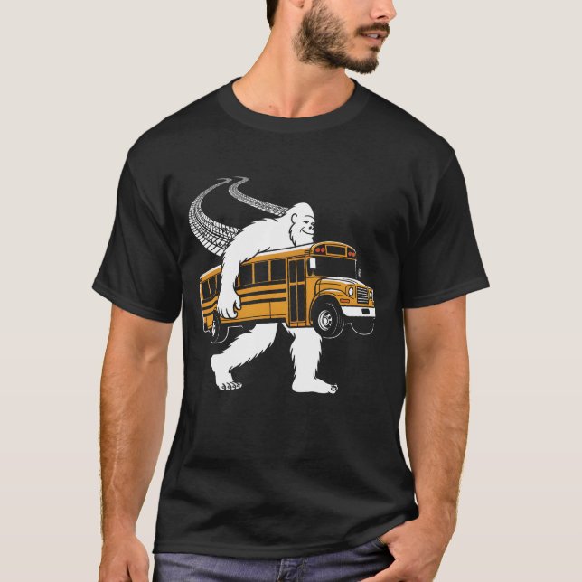 Bigfoot Carrying School Bus Sasquatch Driver Crypt T-Shirt (Front)
