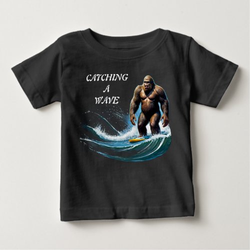 Bigfoot Catching a Wave Surfboard Custom text Baby T_Shirt