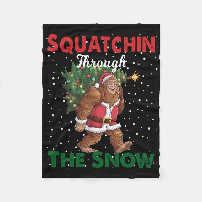 Bigfoot Christmas Funny Squatchin Through The Snow Fleece Blanket (Front)