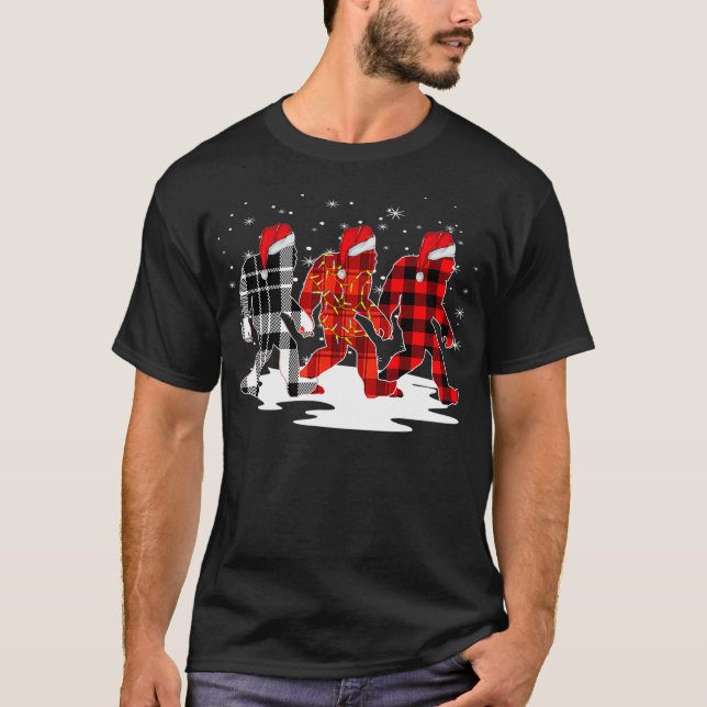 Bigfoot Christmas Pajamas Santa Buffalo Plaid Xmas T-Shirt (Front)