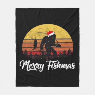 Bigfoot Christmas Santa Hat Merry Fishmas Vintage  Fleece Blanket