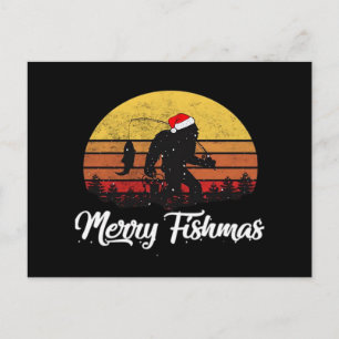 Bigfoot Christmas Santa Hat Merry Fishmas Vintage  Holiday Postcard