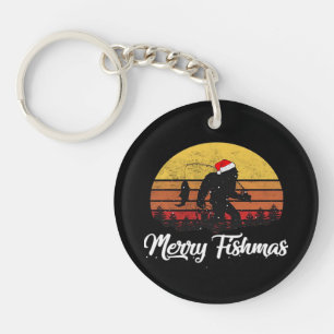 Bigfoot Christmas Santa Hat Merry Fishmas Vintage Keychain