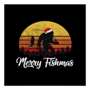 Bigfoot Christmas Santa Hat Merry Fishmas Vintage  Poster