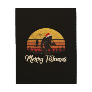 Bigfoot Christmas Santa Hat Merry Fishmas Vintage Wood Wall Art