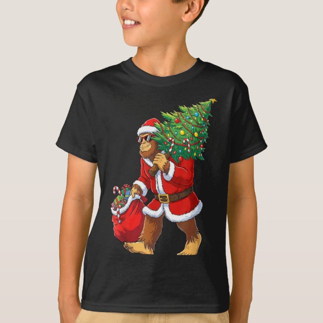 Bigfoot Christmas Tree Lights Boys Men Sasquatch L T-Shirt (Front)