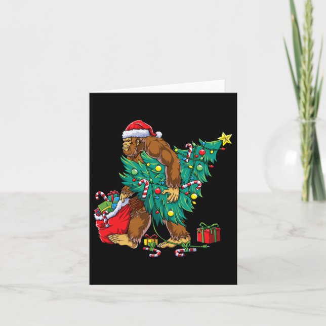 Bigfoot Christmas Tree Lights Xmas Boys Men Sasqua Card (Front)