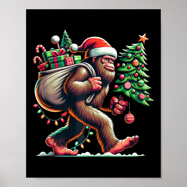 Bigfoot Christmas Tree Lights Xmas Boys Men Sasqua Poster (Front)