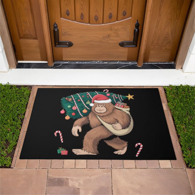 Bigfoot Christmas Tree Lights Xmas Sasquatch Lover Doormat (Outdoor)