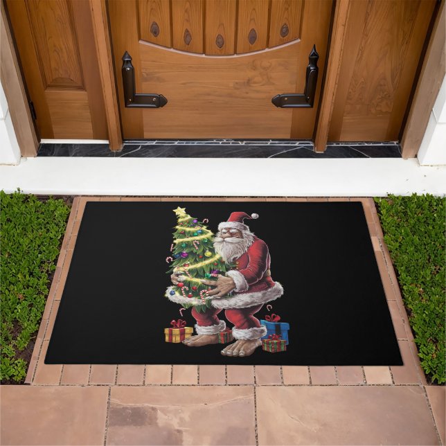 Bigfoot Christmas Tree Lights Xmas Sasquatch Lover Doormat (Outdoor)