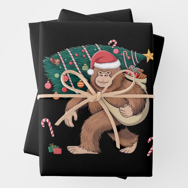 Bigfoot Christmas Tree Lights Xmas Sasquatch Lover Wrapping Paper Sheets (In situ)